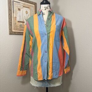 Vintage 90s Colorblock Striped Button Up 100% Cotton Shirt Size Small